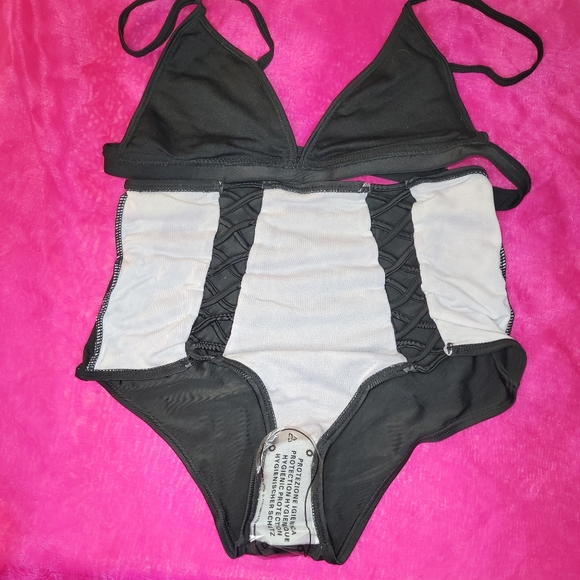 NEW SMALL HIGH WAISTED 2 PIECE BLACK TRIANGLER CUPS RACERBACK OR REG SWIMSUIT - Picture 7 of 8